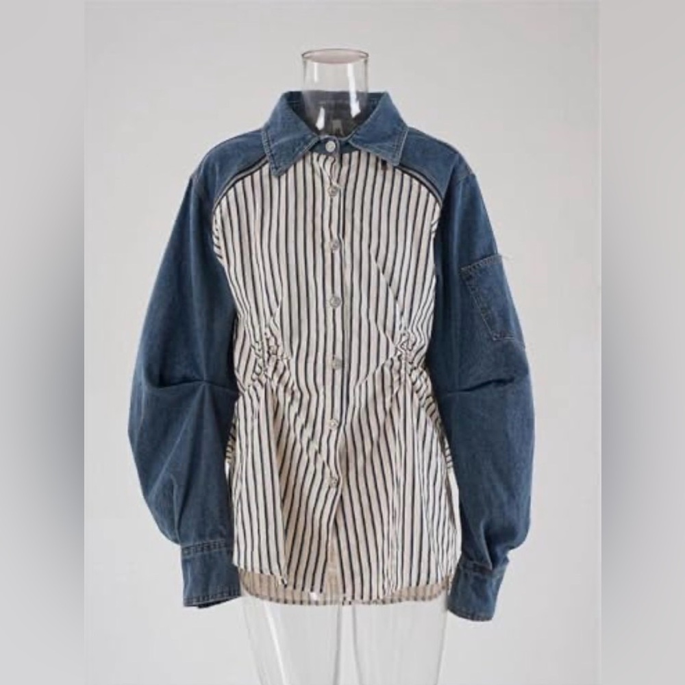Stripe Denim Shoulder Zipper Shirts